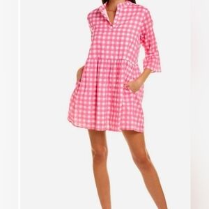 JUDE CONNALLY Faith Gingham Pink Mini Dress Tunic Henley Neck Medium